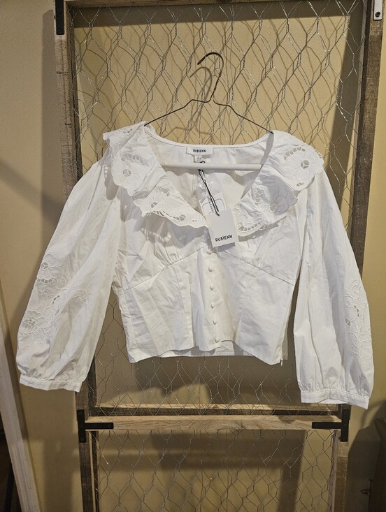 Rubienn Tops - New Rubienn White Eyelet Collar Button-Front Cotton Top